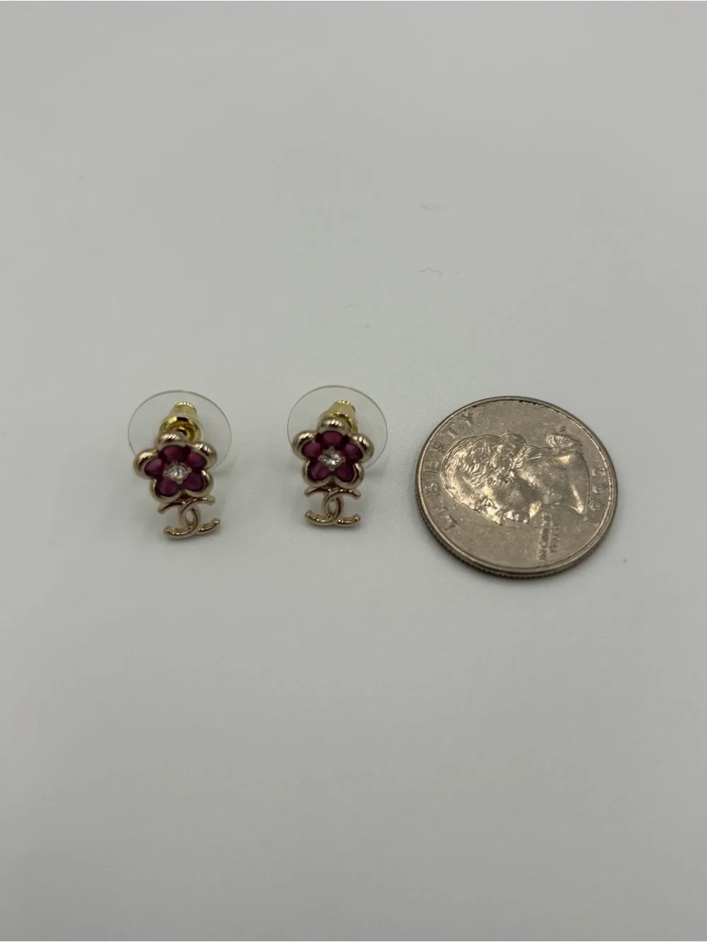 Chanel CC Gold Tone Pink Enamel Camellia Flower Crystal Stud Earrings - Picture 5 of 5